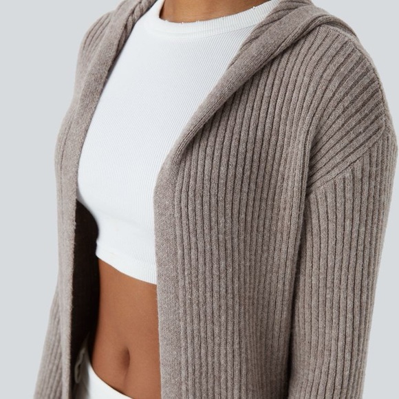 💕 HALARA hooded Long Sleeve Pocket Longline Cardigan, mocha meringue L NEW - Picture 5 of 8